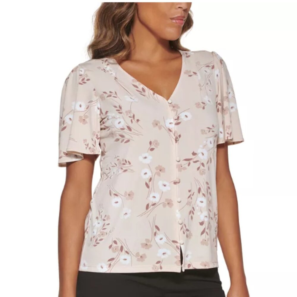 Calvin Klein Beige Button Front Floral Top